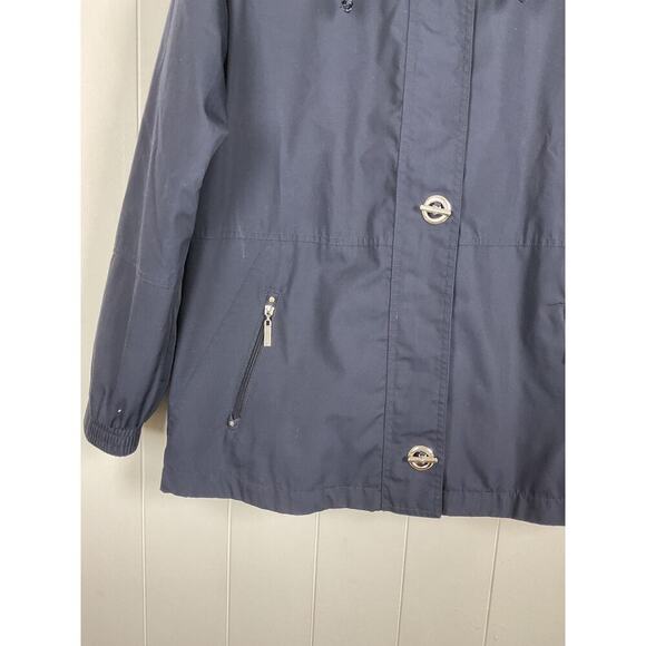 Mackintosh New England Navy Womens Rain Jacket Pin Striped Detachable Hood SZ L - Picture 3 of 8